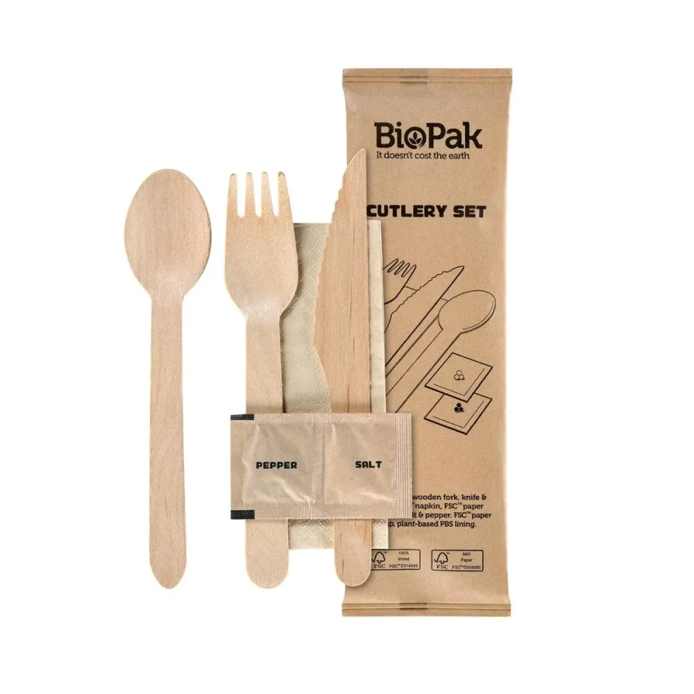 6/1 cutlery adjust, wood, fork & knife, spoon, napkin, salt, pepper natural waxed 160/165/160 | Pack (250 pieces)