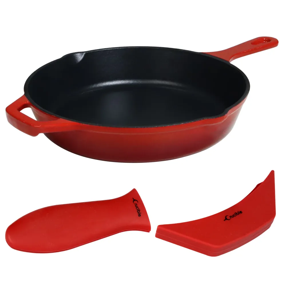 10.25"/26 cm Smaltovaná litinová pánev, pánvička + 2 silikonové kryty na rukojeti