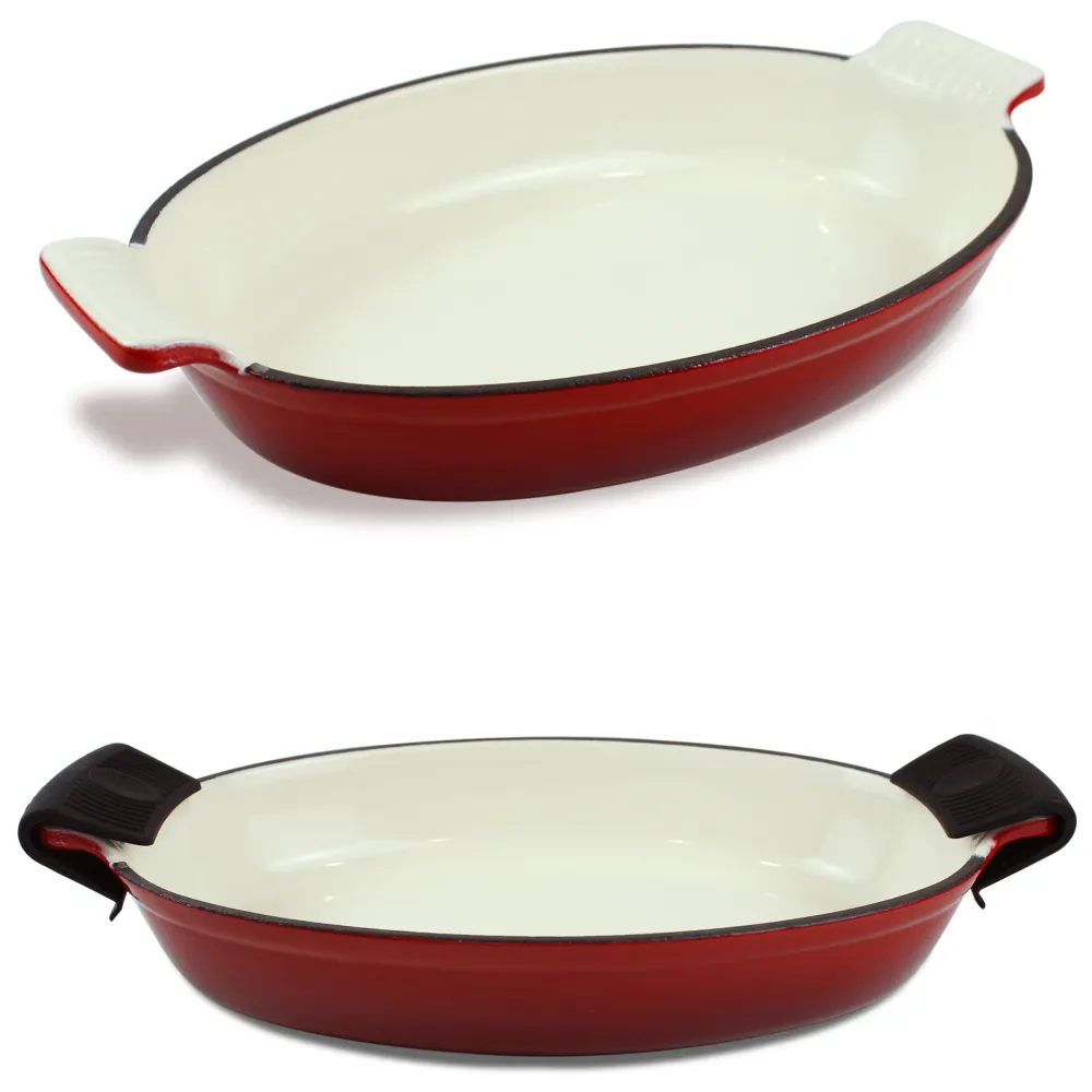 1.58 Qt (1,5 L) smaltovaný litinový oválný pekáč, pekáč na lasagne, pekáč na pečení - červený + 2 chňapky