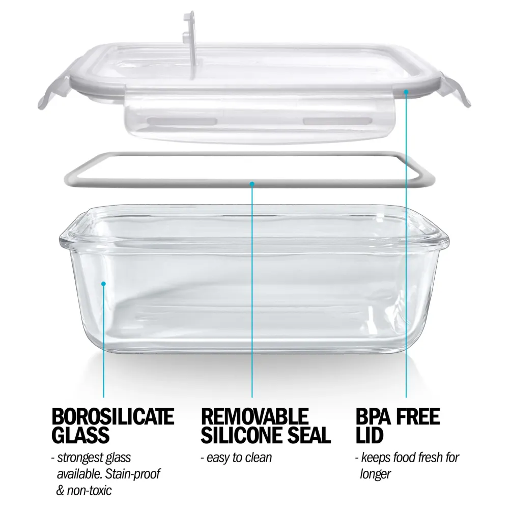 1-Compartment Glass Containers Steam Vent Lids - 840ml - 5 PACK + 1 extra lid